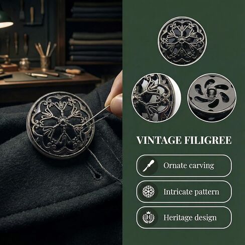 8Pcs Black Buttons Vintage Metal Large Fancy Button Set for Clothes Coat Women Retro Double Layer Openwork Sewing Shank Accessories 1inch/25mm in Saudi Arabia