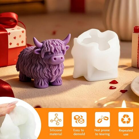 Highland Cow Silicone Molds, 3D Cow Resin Candle Soaps Molds, Unique Animal Mold for Candle Making Chocolate Fondant Cake Decorating, Epoxy Casting Clay Mold DIY Craft Decor(Color:White) in Saudi Arabia