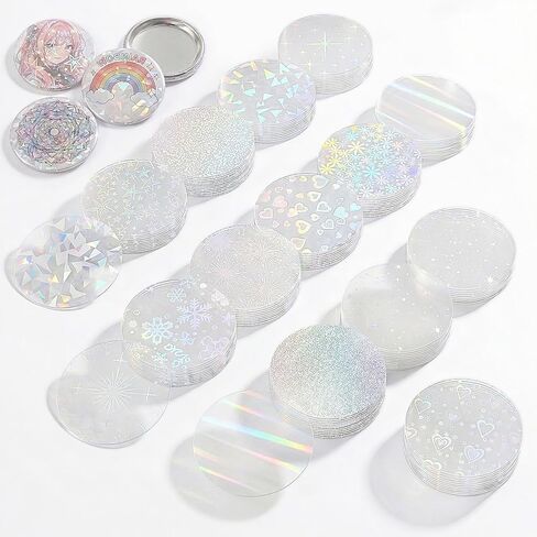 390 Pcs Holographic Badge Film (13 Styles), Glitter Button Making Supplies for 2.25 Inch 58mm Machine, Round Badge Protective Film (Stars, Hearts, Broken Glass) in Saudi Arabia