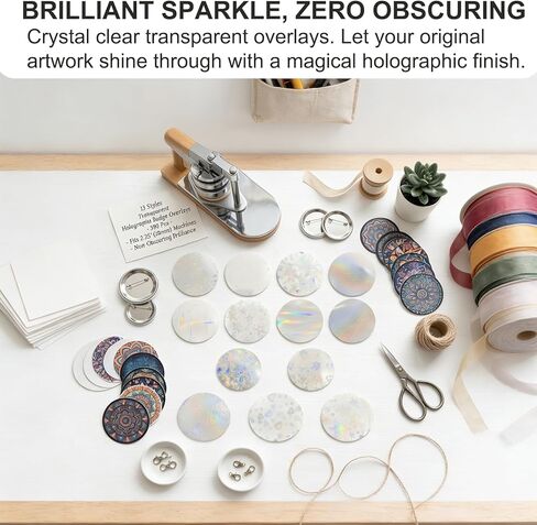 390 Pcs Holographic Badge Film (13 Styles), Glitter Button Making Supplies for 2.25 Inch 58mm Machine, Round Badge Protective Film (Stars, Hearts, Broken Glass) in Saudi Arabia
