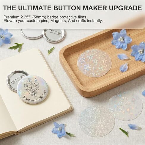 390 Pcs Holographic Badge Film (13 Styles), Glitter Button Making Supplies for 2.25 Inch 58mm Machine, Round Badge Protective Film (Stars, Hearts, Broken Glass) in Saudi Arabia