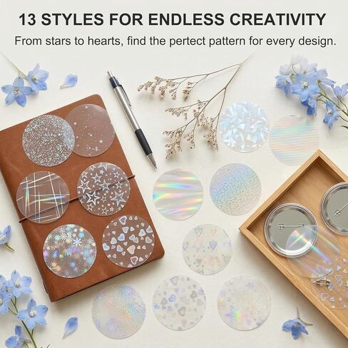390 Pcs Holographic Badge Film (13 Styles), Glitter Button Making Supplies for 2.25 Inch 58mm Machine, Round Badge Protective Film (Stars, Hearts, Broken Glass) in Saudi Arabia