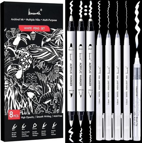 Brusarth White Ink Pens Set, Fine Point White Gel Pens, Dual-Tip Acrylic Paint Pen, Fine, Round & Brush Tip Acrylic Markers for Black Paper Drawing, Sketching, Illustration, Card Making in Saudi Arabia