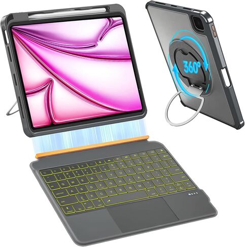 for iPad A16 11th/10th Gen & Air 11" M3/M2 & 5th/4th Gen & Pro 11" 4/3/2/1 Gen Keyboard Case, 360° Rotatable Detachable, Full Edge Protection, Large Touchpad, Pen & Tips Holder, 7-Color Backlight in Saudi Arabia