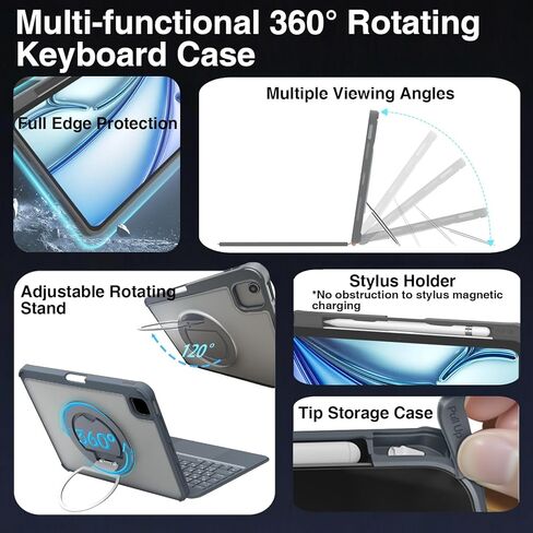 for iPad A16 11th/10th Gen & Air 11" M3/M2 & 5th/4th Gen & Pro 11" 4/3/2/1 Gen Keyboard Case, 360° Rotatable Detachable, Full Edge Protection, Large Touchpad, Pen & Tips Holder, 7-Color Backlight in Saudi Arabia