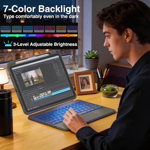 for iPad A16 11th/10th Gen & Air 11" M3/M2 & 5th/4th Gen & Pro 11" 4/3/2/1 Gen Keyboard Case, 360° Rotatable Detachable, Full Edge Protection, Large Touchpad, Pen & Tips Holder, 7-Color Backlight in Saudi Arabia