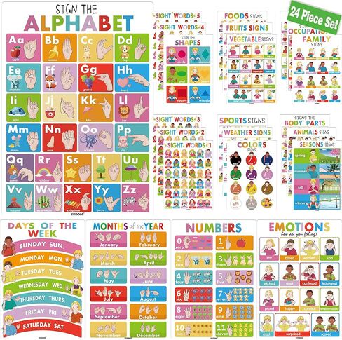 24 ملصقًا ASL للأطفال المبتدئين، ملصقات لغة الإشارة الأمريكية لديكور الفصل الدراسي والرعاية النهارية المنزلية والمدرسة، مخططات ملونة للأرقام الأبجدية ASL للأطفال الصغار والكبار ذوي الاحتياجات الخاصة in Kuwait