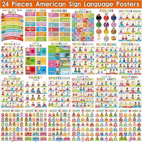 24 ملصقًا ASL للأطفال المبتدئين، ملصقات لغة الإشارة الأمريكية لديكور الفصل الدراسي والرعاية النهارية المنزلية والمدرسة، مخططات ملونة للأرقام الأبجدية ASL للأطفال الصغار والكبار ذوي الاحتياجات الخاصة in Kuwait