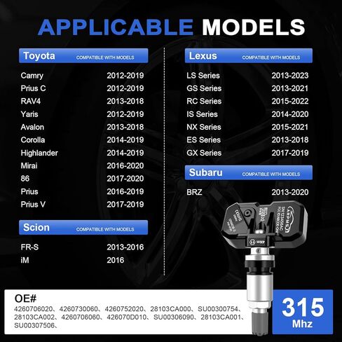 TPMS Sensor, 315 Mhz 4-Pack Tire Pressure Monitoring Sensor Compatible for Toyota Lexus Scion Subaru Replace# 4260706020,4260730060,4260752020,28103CA000, Silver, 4pcs in Saudi Arabia