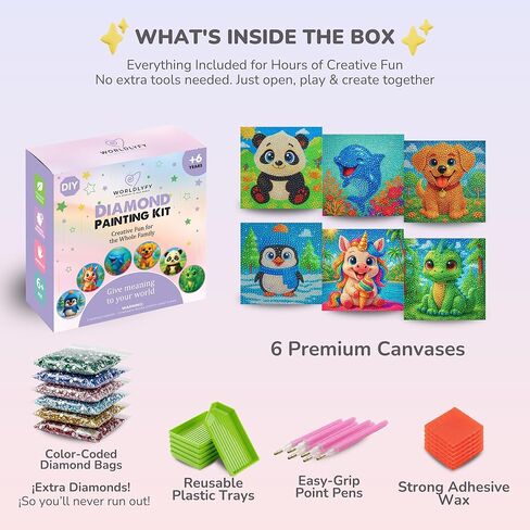 WORLDLYFY 6 Pack Diamond Painting Kit for Kids, Cute Animal Diamond Art & Crafts for Beginners Ages 8-12, DIY Gem Art Activity, Screen-Free, Wall Decoration, 6x6 Inch in Kuwait