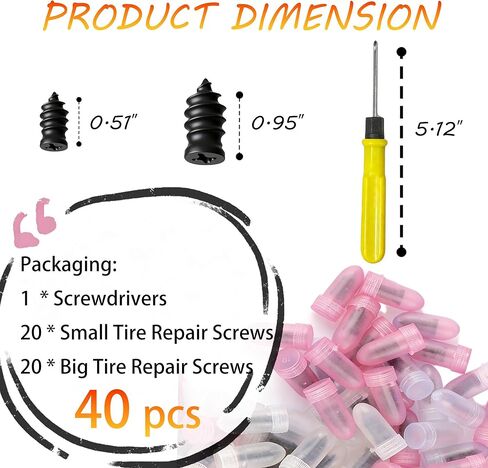 40 Pcs Vacuum Tire Repair Rubber Nail Plug Kit with 2 Sizes, Tire Patch Kit and Screwdriver, Fast Self-Service Tool for Car, Truck, Motorcycle in Saudi Arabia