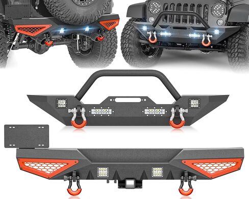YZONA لمصدات Wrangler JK الأمامية والخلفية متوافقة مع 2007-2018 Jeep Wrangler JK JKU مع لوحة ونش، وقضيب الثور، ومصابيح LED، ومستقبل ربط 2 بوصة، وإطار لوحة الترخيص، ودرع قابل للطلاء وحلقات على شكل حرف D in Kuwait
