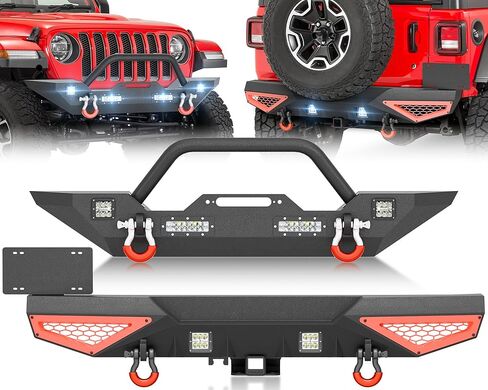 YZONA لمصدات Wrangler JL JLU الأمامية والخلفية متوافقة مع 2018-2026 Jeep Wrangler JL JLU مع لوحة ونش، وقضيب الثور، ومصابيح LED، وإطار لوحة الترخيص، وديكور قابل للطلاء، ومستقبل وصلة 2 بوصة وحلقات على شكل حرف D in Kuwait