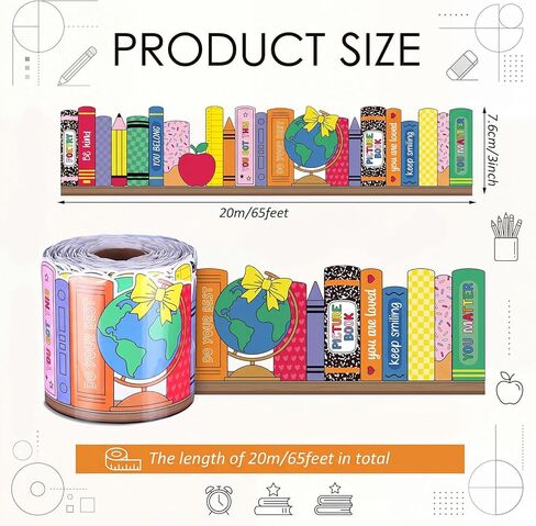 Sabary 65 Feet Colorful Bookshelf Bulletin Board Borders, Back to School Rolled Book Classroom Border Trim Set, Library Bulletin Board Borders for Teach Classroom, Office, Home Wall Decor in Kuwait