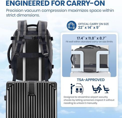 Fanwoli Vacuum Travel Backpack, Carry On Luggage with TSA Lock & Anti Theft Zipper, 60L Expandable Airbag Backpack with Compression Pump, Waterproof Laptop Bag Ideal for Flight & Business,Grey in Saudi Arabia