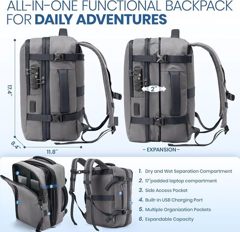 Fanwoli Vacuum Travel Backpack, Carry On Luggage with TSA Lock & Anti Theft Zipper, 60L Expandable Airbag Backpack with Compression Pump, Waterproof Laptop Bag Ideal for Flight & Business,Grey in Saudi Arabia