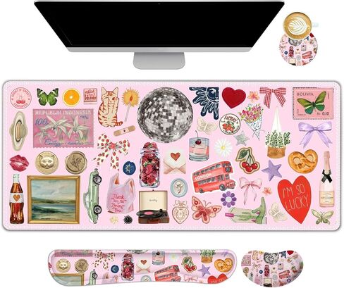 Desk Mat Pad, Gaming Mouse Pad Wrist Support Set, 4 in1 Non-Slip XXL Large Mousepad + Ergonomic Keyboard Wrist Rest+Mouse Wrist Rest+Coaster for Home Office PC Computer I Black Gold Floral in Saudi Arabia