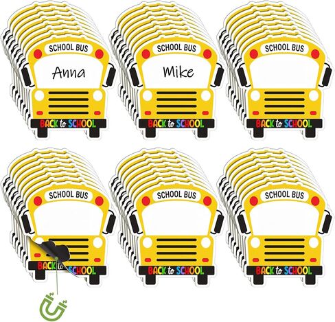 Geyoga 48 Pcs Magnetic Name Tags for Classroom Reusable Dry Erase Labels with 6 Colors School Bus Shaped Thickened Magnetic Back Name Plates for Locker Classroom Desks Whiteboard Fridge Supplies in Kuwait