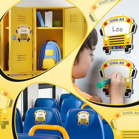 Geyoga 48 Pcs Magnetic Name Tags for Classroom Reusable Dry Erase Labels with 6 Colors School Bus Shaped Thickened Magnetic Back Name Plates for Locker Classroom Desks Whiteboard Fridge Supplies in Kuwait
