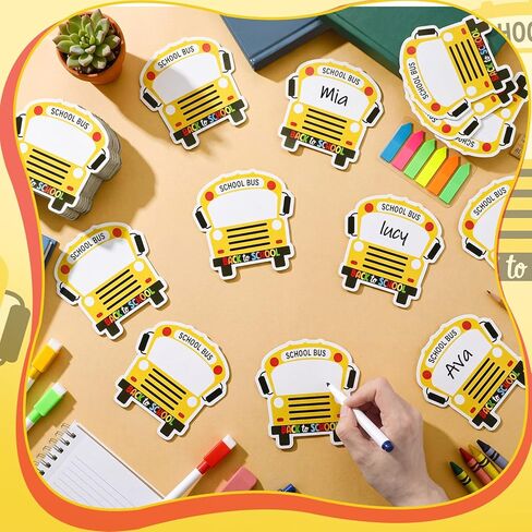 Geyoga 48 Pcs Magnetic Name Tags for Classroom Reusable Dry Erase Labels with 6 Colors School Bus Shaped Thickened Magnetic Back Name Plates for Locker Classroom Desks Whiteboard Fridge Supplies in Kuwait
