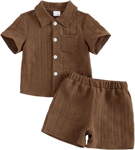 Toddler Baby Boy Clothes Solid Color Texture Button Down Collared Shirt Top Shorts 2 Piece Set Summer Casual Outfits in Saudi Arabia