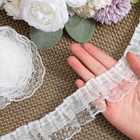 White Pleated Ruffle Lace Trim, 4.5m 2-Layer Gathered Edge Ribbon Lace Trim for Sewing, Vintage Sewing Trims for Wedding Dress Sewings Crafts DIY Decor in Kuwait