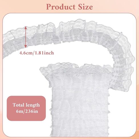 White Pleated Ruffle Lace Trim, 4.5m 2-Layer Gathered Edge Ribbon Lace Trim for Sewing, Vintage Sewing Trims for Wedding Dress Sewings Crafts DIY Decor in Kuwait