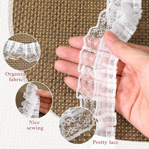 White Pleated Ruffle Lace Trim, 4.5m 2-Layer Gathered Edge Ribbon Lace Trim for Sewing, Vintage Sewing Trims for Wedding Dress Sewings Crafts DIY Decor in Kuwait