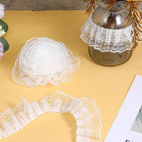 White Pleated Ruffle Lace Trim, 4.5m 2-Layer Gathered Edge Ribbon Lace Trim for Sewing, Vintage Sewing Trims for Wedding Dress Sewings Crafts DIY Decor in Kuwait