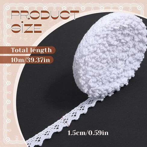 11 Yards White Lace Ribbon, 0.6 Inch Wide Vintage Cotton White Lace Trim for Sewing Decorative Trim Crochet Sewing Laces for Crafts Ribbon Laces Clothes Bridal Wedding Decoration Packaging Scrapbook in Kuwait
