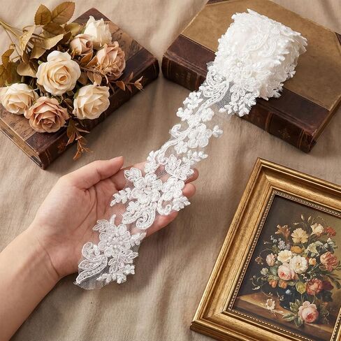 2 Yards White Lace Appliques, Lace Trim with Sequins Laces Appliques Embellishments Laces Applique Floral Embroidered Fabric for Wedding Dresses Gown Sewing DIY Crafts Decoration(2.36" Wide) in Saudi Arabia