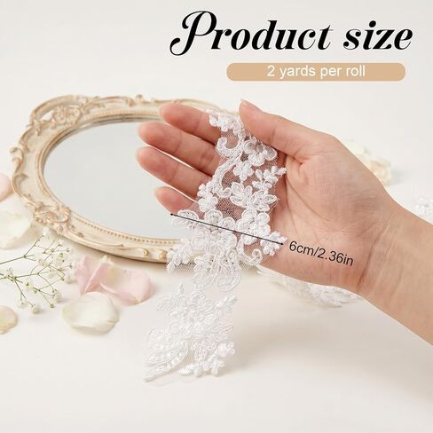 2 Yards White Lace Appliques, Lace Trim with Sequins Laces Appliques Embellishments Laces Applique Floral Embroidered Fabric for Wedding Dresses Gown Sewing DIY Crafts Decoration(2.36" Wide) in Saudi Arabia