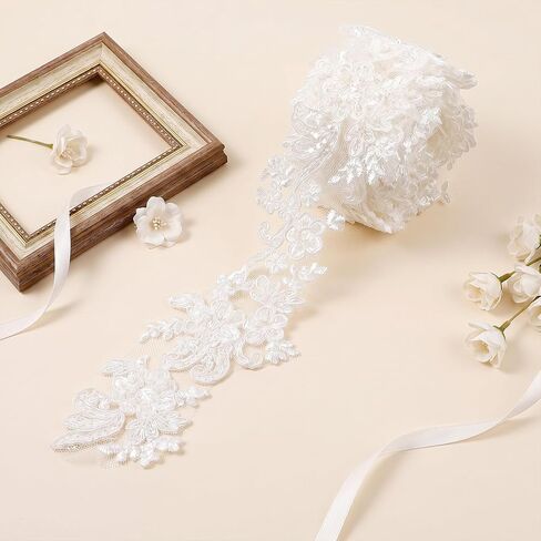 2 Yards White Lace Appliques, Lace Trim with Sequins Laces Appliques Embellishments Laces Applique Floral Embroidered Fabric for Wedding Dresses Gown Sewing DIY Crafts Decoration(2.36" Wide) in Saudi Arabia