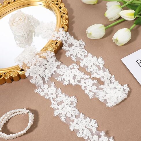 2 Yards White Lace Appliques, Lace Trim with Sequins Laces Appliques Embellishments Laces Applique Floral Embroidered Fabric for Wedding Dresses Gown Sewing DIY Crafts Decoration(2.36" Wide) in Saudi Arabia
