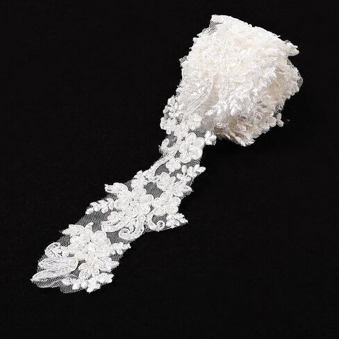 2 Yards White Lace Appliques, Lace Trim with Sequins Laces Appliques Embellishments Laces Applique Floral Embroidered Fabric for Wedding Dresses Gown Sewing DIY Crafts Decoration(2.36" Wide) in Saudi Arabia