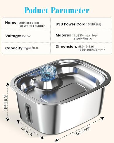 Stainless Steel Dog Water Fountain, 3 Gallon Extra Large Pet Fountains for Large Dogs, Great Dane Waterer Automatic Dog Bowl Dispenser,Filter Drinking Bowls for Multi Pets, Easy to Clean, Quiet Pump in Saudi Arabia