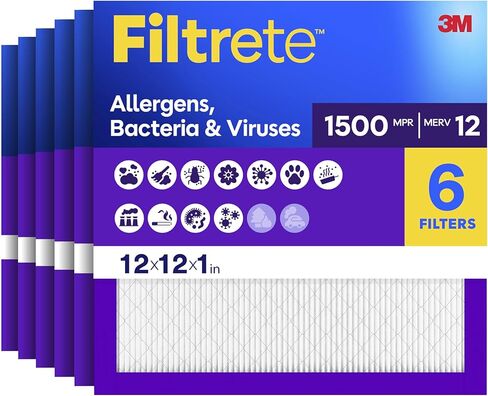Filtrete 16x16x1 AC Furnace Air Filter, MERV 12, MPR 1500, CERTIFIED asthma & allergy friendly, 3 Month Pleated 1-Inch Electrostatic Air Cleaning Filter, 6-Pack (Actual Size 15.81x15.81x0.78 in) in Kuwait
