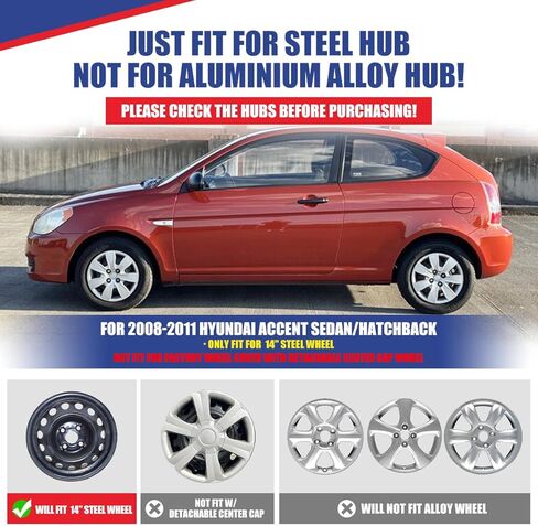 أغطية عجلات فولاذية مقاس 14 بوصة من Nixon لسيارة Hyundai Accent Sedan/Hatchback 2008-2011، مجموعة أغطية عجلات مقاس 14 بوصة مكونة من 4 قطع، تركيب مثبت بمسامير من مادة البولي بروبيلين (ورنيش) in Kuwait