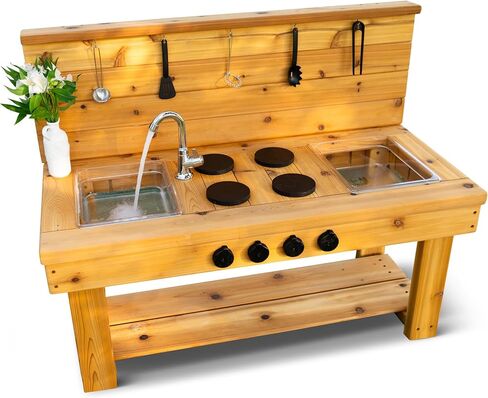 Noble Toys XL Cedar Outdoor Mud Kitchen Centered with Backsplash and Stovetop for Toddlers Kids | Pretend Play Table | Sensory Table | Outside Playset | Real Wooden Kitchens | Preschool Equipment in Saudi Arabia