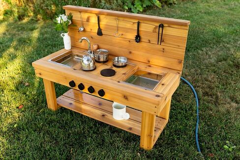Noble Toys XL Cedar Outdoor Mud Kitchen Centered with Backsplash and Stovetop for Toddlers Kids | Pretend Play Table | Sensory Table | Outside Playset | Real Wooden Kitchens | Preschool Equipment in Saudi Arabia