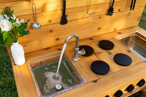 Noble Toys XL Cedar Outdoor Mud Kitchen Centered with Backsplash and Stovetop for Toddlers Kids | Pretend Play Table | Sensory Table | Outside Playset | Real Wooden Kitchens | Preschool Equipment in Saudi Arabia