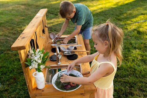 Noble Toys XL Cedar Outdoor Mud Kitchen Centered with Backsplash and Stovetop for Toddlers Kids | Pretend Play Table | Sensory Table | Outside Playset | Real Wooden Kitchens | Preschool Equipment in Saudi Arabia
