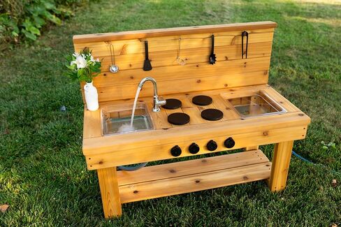 Noble Toys XL Cedar Outdoor Mud Kitchen Centered with Backsplash and Stovetop for Toddlers Kids | Pretend Play Table | Sensory Table | Outside Playset | Real Wooden Kitchens | Preschool Equipment in Saudi Arabia