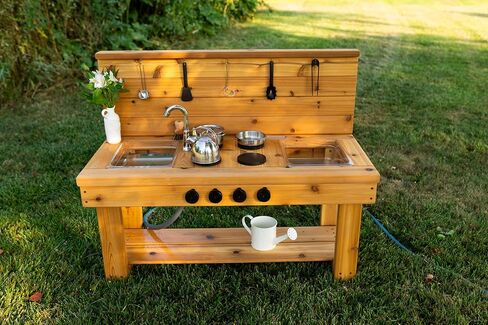 Noble Toys XL Cedar Outdoor Mud Kitchen Centered with Backsplash and Stovetop for Toddlers Kids | Pretend Play Table | Sensory Table | Outside Playset | Real Wooden Kitchens | Preschool Equipment in Saudi Arabia