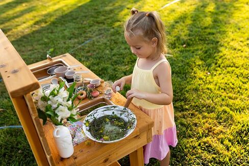 Noble Toys XL Cedar Outdoor Mud Kitchen Centered with Backsplash and Stovetop for Toddlers Kids | Pretend Play Table | Sensory Table | Outside Playset | Real Wooden Kitchens | Preschool Equipment in Saudi Arabia