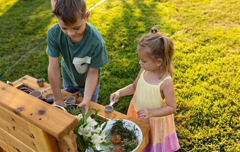 Noble Toys XL Cedar Outdoor Mud Kitchen Centered with Backsplash and Stovetop for Toddlers Kids | Pretend Play Table | Sensory Table | Outside Playset | Real Wooden Kitchens | Preschool Equipment in Saudi Arabia