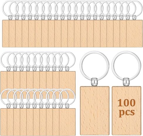 100Pcs Wood Keychain Blank, Unfinished Laser Engraving Blanks with Key Rings Key Tag Rectangular Keychain Ring Tag Wooden Sign Bulk for DIY, Crafts Gift, Pet Tags in Saudi Arabia