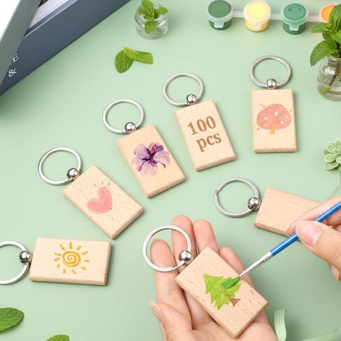 100Pcs Wood Keychain Blank, Unfinished Laser Engraving Blanks with Key Rings Key Tag Rectangular Keychain Ring Tag Wooden Sign Bulk for DIY, Crafts Gift, Pet Tags in Saudi Arabia