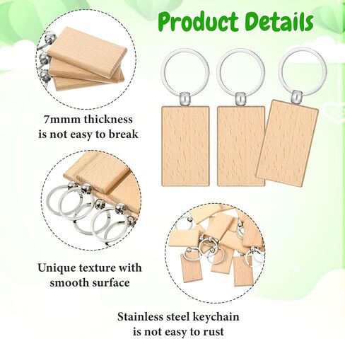 100Pcs Wood Keychain Blank, Unfinished Laser Engraving Blanks with Key Rings Key Tag Rectangular Keychain Ring Tag Wooden Sign Bulk for DIY, Crafts Gift, Pet Tags in Saudi Arabia