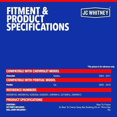 JC Whitney JFBAJCWCA00398 Set of 2 Sway Bar Bushing (Rear To Frame) - Compatible with Chevrolet Malibu 2004-2011, Pontiac G6 2005-2010 in Kuwait